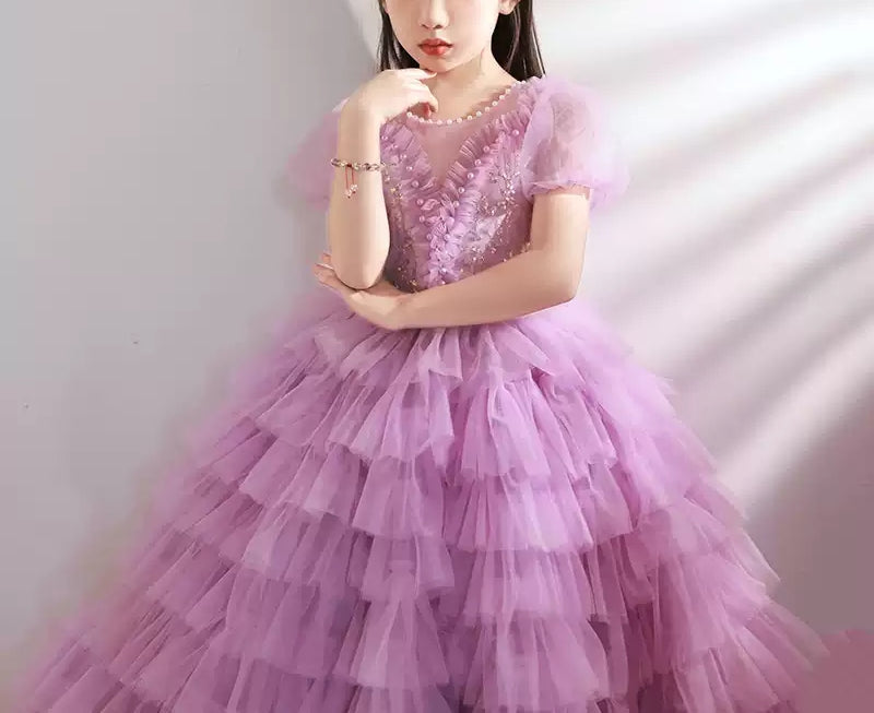 Robe de Soirée à Manches Courtes pour Fille avec Appliques en Strass