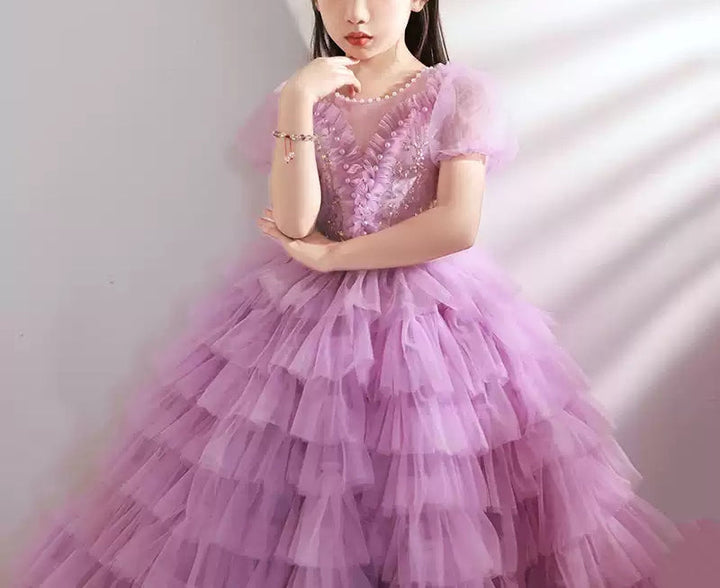 Robe de Soirée à Manches Courtes pour Fille avec Appliques en Strass