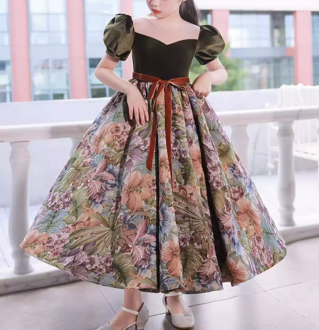 Robe de Soirée à Fleurs pour Fille, Col Rond, Manches Courtes, Longueur Cheville, avec Ceinture