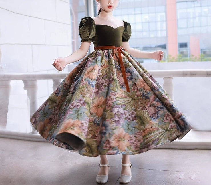 Robe de Soirée à Fleurs pour Fille, Col Rond, Manches Courtes, Longueur Cheville, avec Ceinture