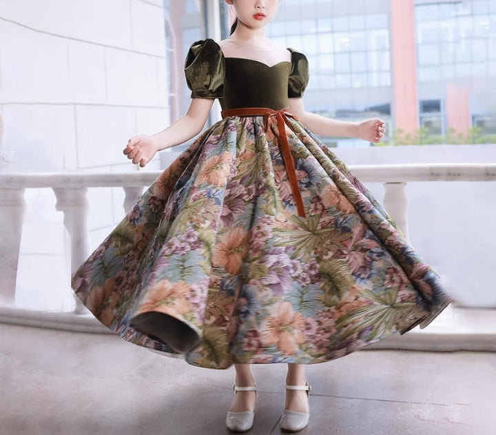 Robe de Soirée à Fleurs pour Fille, Col Rond, Manches Courtes, Longueur Cheville, avec Ceinture