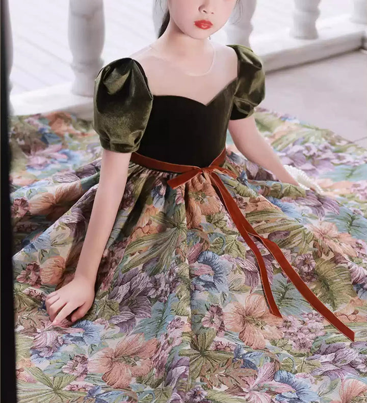 Robe de Soirée à Fleurs pour Fille, Col Rond, Manches Courtes, Longueur Cheville, avec Ceinture