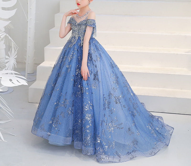 Robe de Soirée A-Line/Princess à Épaules Dénudées pour Fille avec Appliques en Cristal et Traîne