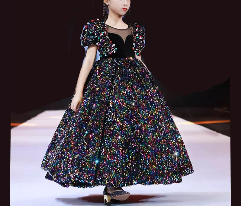 Robe de Soirée à Paillettes pour Fille à Col Rond et Manches Courtes, Longueur Cheville