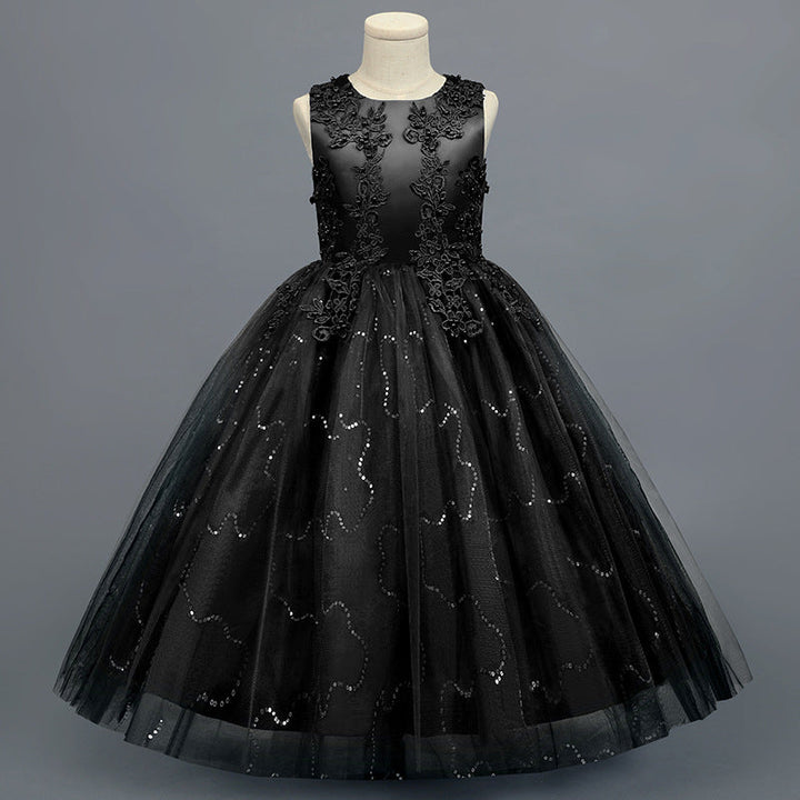 Robe de Demoiselle D'Honneur en Tulle Sans Manches à Col Rond et Coupe A-Line/Princess avec Appliques en Dentelle et Volants