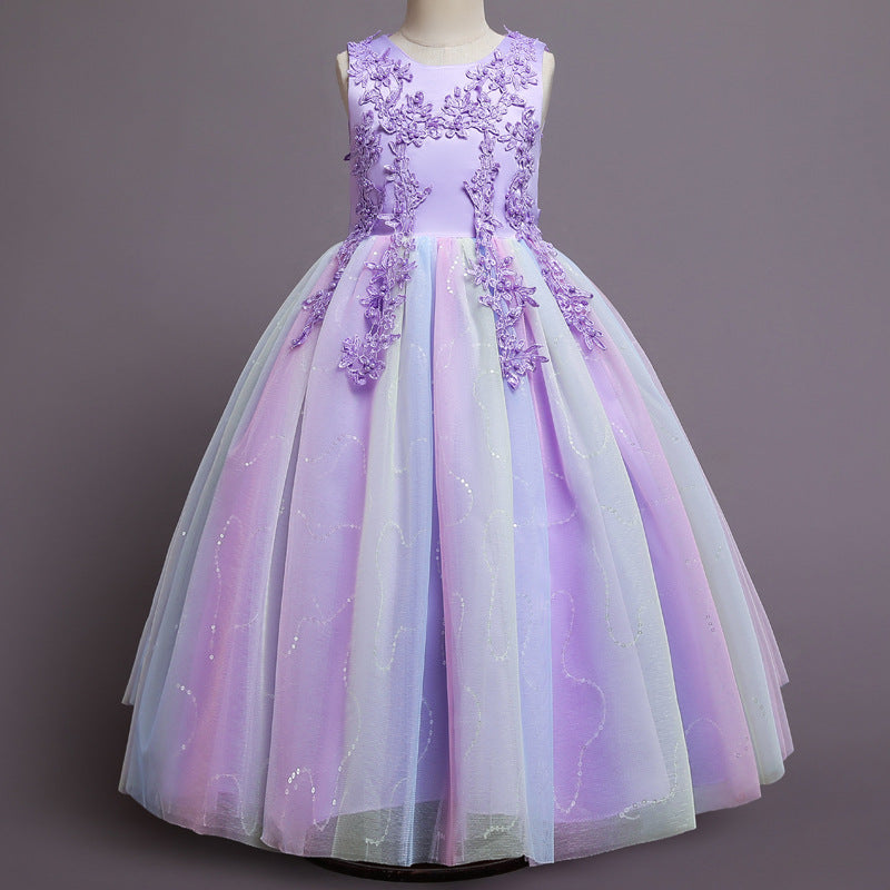 Robe de Demoiselle D'Honneur en Tulle Sans Manches à Col Rond et Coupe A-Line/Princess avec Appliques en Dentelle et Volants