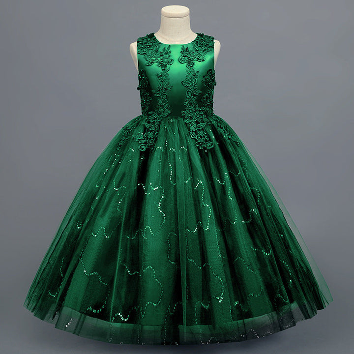 Robe de Demoiselle D'Honneur en Tulle Sans Manches à Col Rond et Coupe A-Line/Princess avec Appliques en Dentelle et Volants
