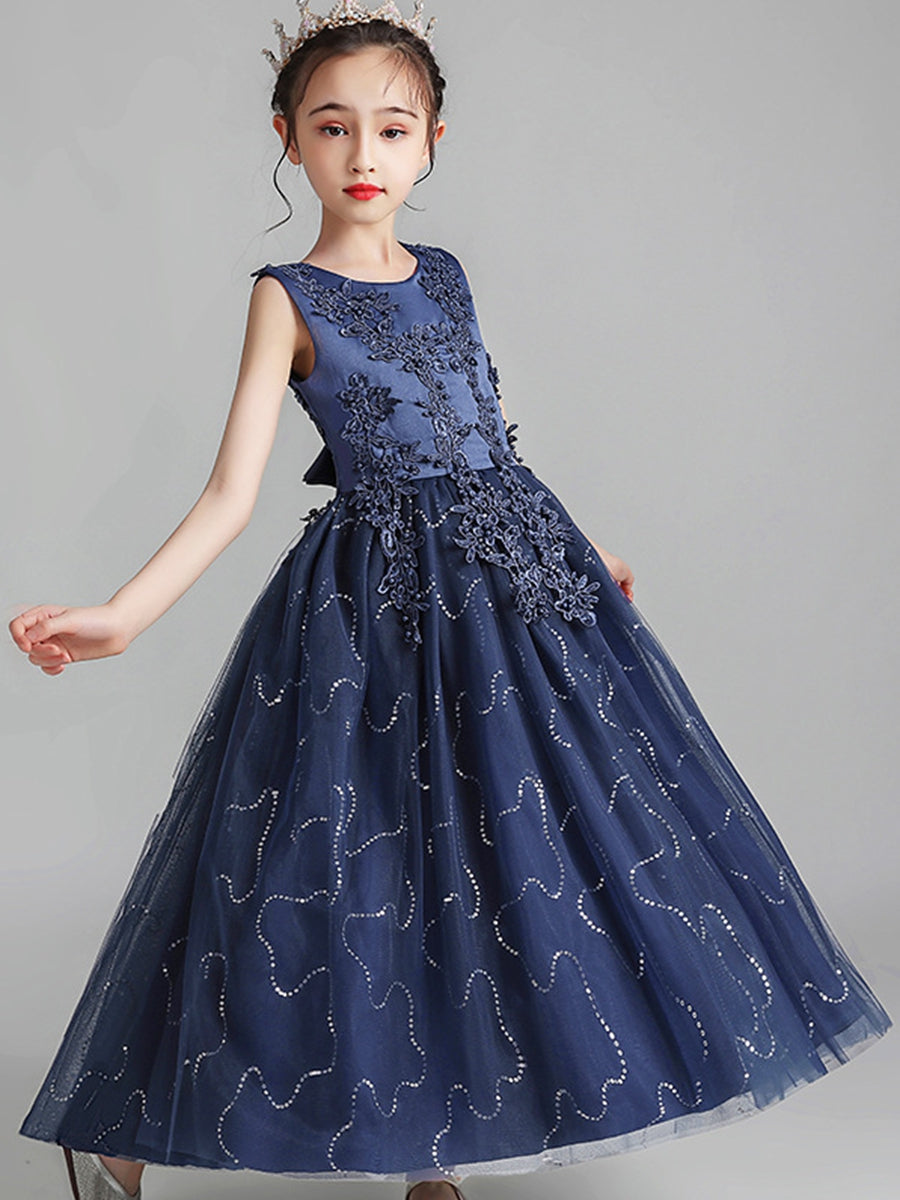 Robe de Demoiselle D'Honneur en Tulle Sans Manches à Col Rond et Coupe A-Line/Princess avec Appliques en Dentelle et Volants