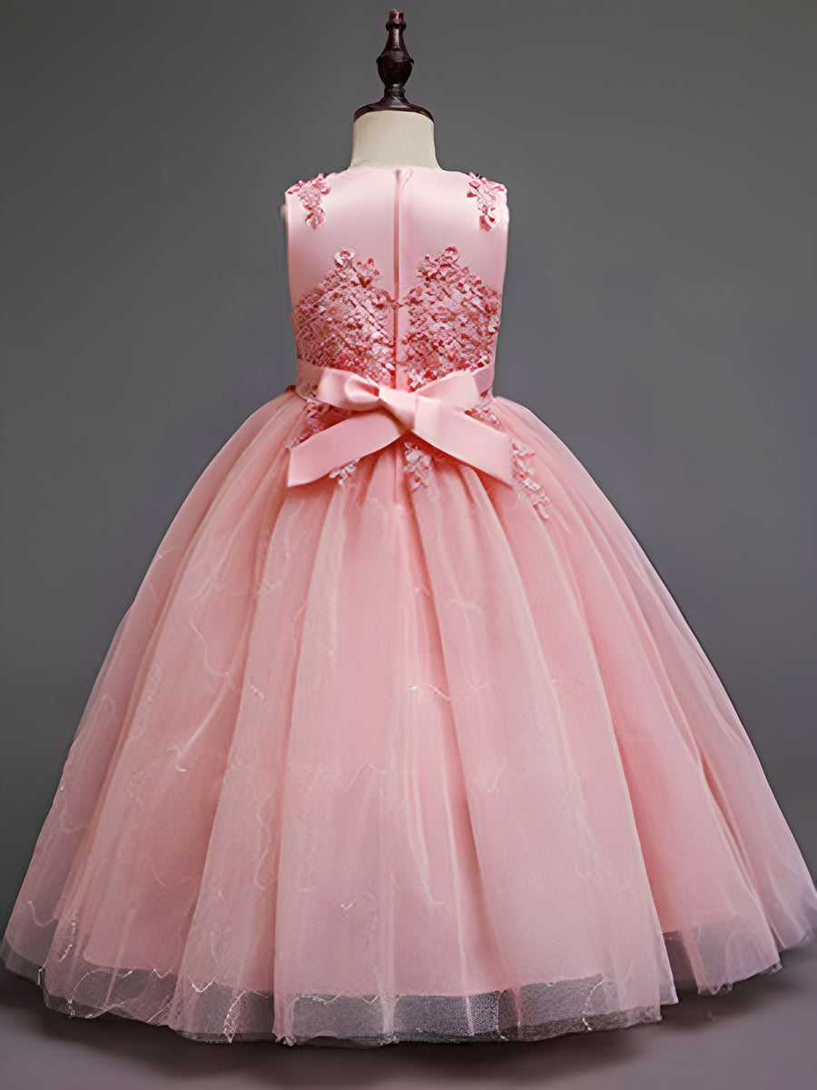 Robe de Demoiselle D'Honneur en Tulle Sans Manches à Col Rond et Coupe A-Line/Princess avec Appliques en Dentelle et Volants