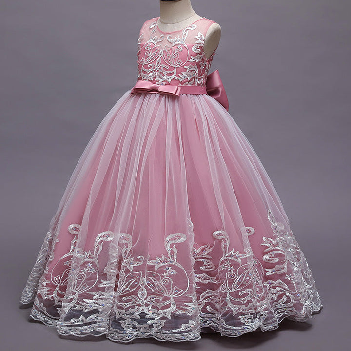 Robe de Demoiselle D'Honneur en Tulle Sans Manches à Col Rond et Coupe Princesse avec Appliques en Dentelle et Nœud