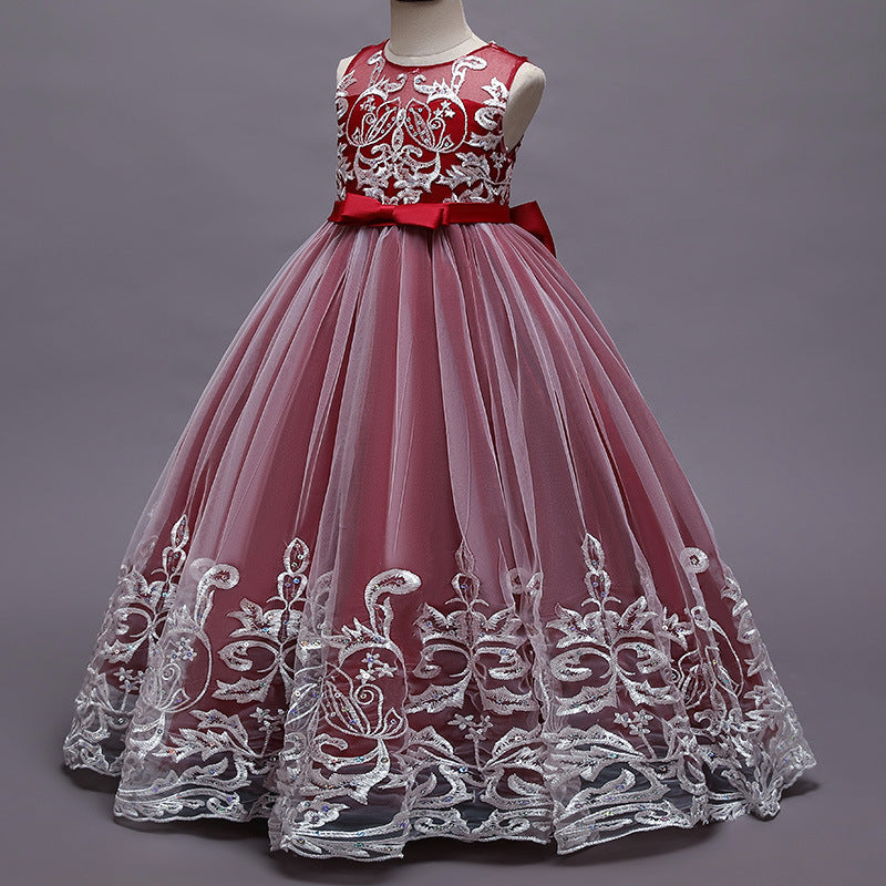 Robe de Demoiselle D'Honneur en Tulle Sans Manches à Col Rond et Coupe Princesse avec Appliques en Dentelle et Nœud