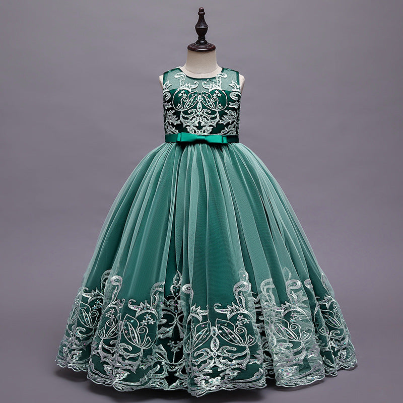 Robe de Demoiselle D'Honneur en Tulle Sans Manches à Col Rond et Coupe Princesse avec Appliques en Dentelle et Nœud
