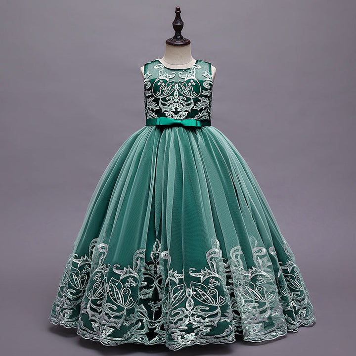 Robe de Demoiselle D'Honneur en Tulle Sans Manches à Col Rond et Coupe Princesse avec Appliques en Dentelle et Nœud