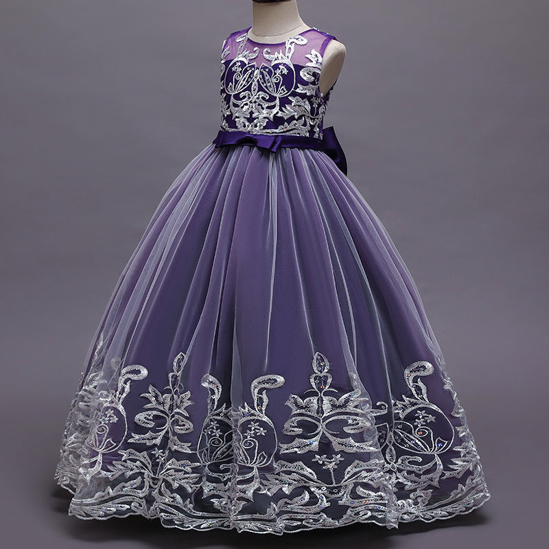 Robe de Demoiselle D'Honneur en Tulle Sans Manches à Col Rond et Coupe Princesse avec Appliques en Dentelle et Nœud