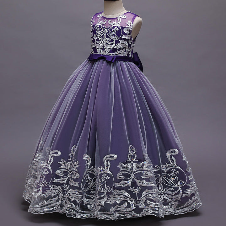 Robe de Demoiselle D'Honneur en Tulle Sans Manches à Col Rond et Coupe Princesse avec Appliques en Dentelle et Nœud