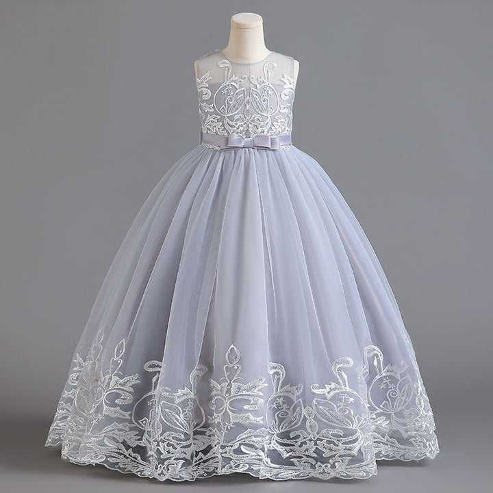 Robe de Demoiselle D'Honneur en Tulle Sans Manches à Col Rond et Coupe Princesse avec Appliques en Dentelle et Nœud