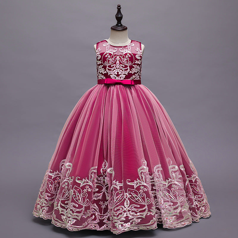 Robe de Demoiselle D'Honneur en Tulle Sans Manches à Col Rond et Coupe Princesse avec Appliques en Dentelle et Nœud