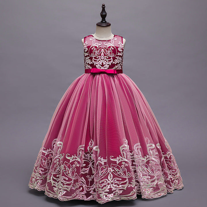 Robe de Demoiselle D'Honneur en Tulle Sans Manches à Col Rond et Coupe Princesse avec Appliques en Dentelle et Nœud