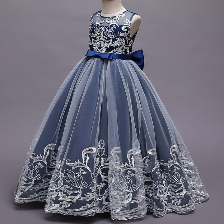Robe de Demoiselle D'Honneur en Tulle Sans Manches à Col Rond et Coupe Princesse avec Appliques en Dentelle et Nœud