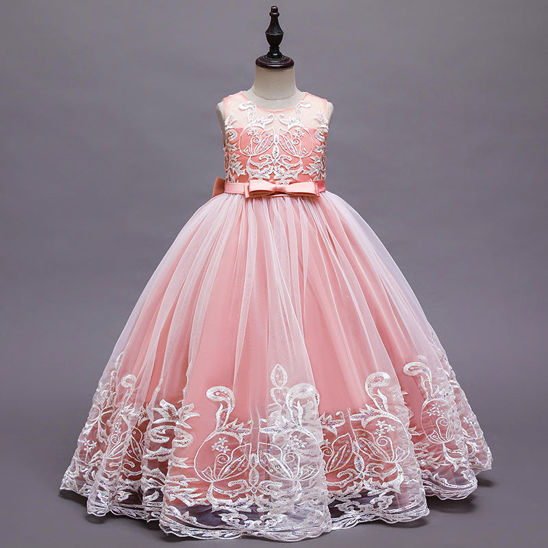 Robe de Demoiselle D'Honneur en Tulle Sans Manches à Col Rond et Coupe Princesse avec Appliques en Dentelle et Nœud