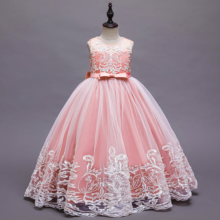 Robe de Demoiselle D'Honneur en Tulle Sans Manches à Col Rond et Coupe Princesse avec Appliques en Dentelle et Nœud
