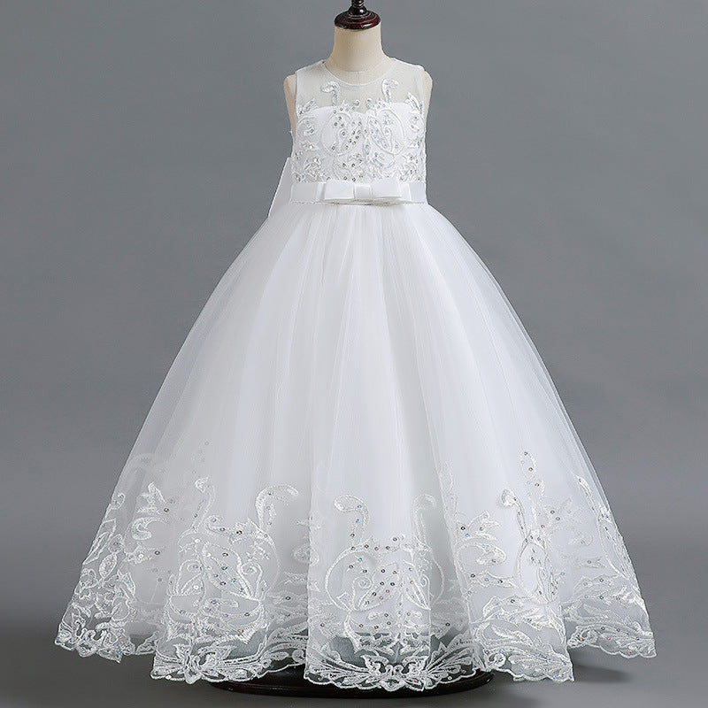 Robe de Demoiselle D'Honneur en Tulle Sans Manches à Col Rond et Coupe Princesse avec Appliques en Dentelle et Nœud