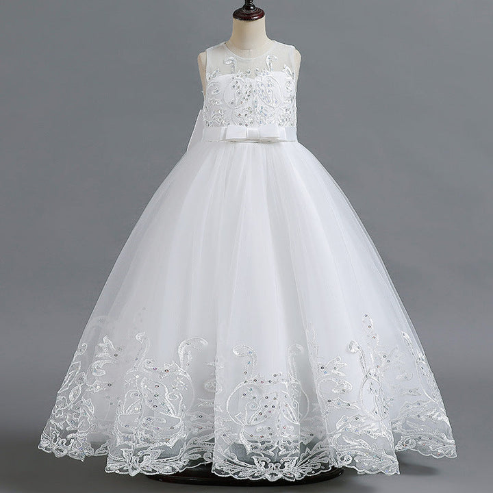 Robe de Demoiselle D'Honneur en Tulle Sans Manches à Col Rond et Coupe Princesse avec Appliques en Dentelle et Nœud