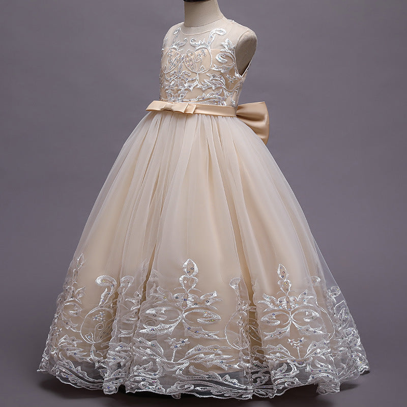 Robe de Demoiselle D'Honneur en Tulle Sans Manches à Col Rond et Coupe Princesse avec Appliques en Dentelle et Nœud