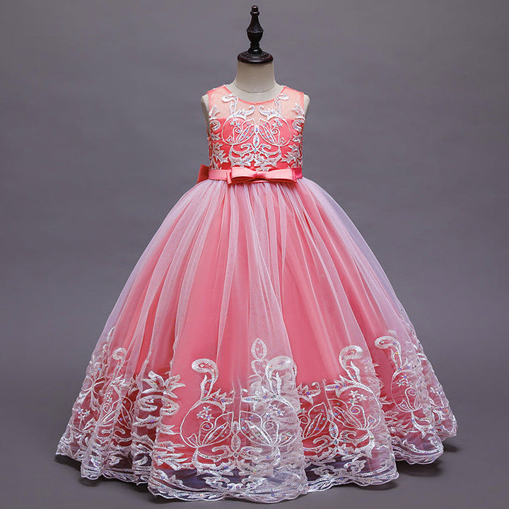Robe de Demoiselle D'Honneur en Tulle Sans Manches à Col Rond et Coupe Princesse avec Appliques en Dentelle et Nœud