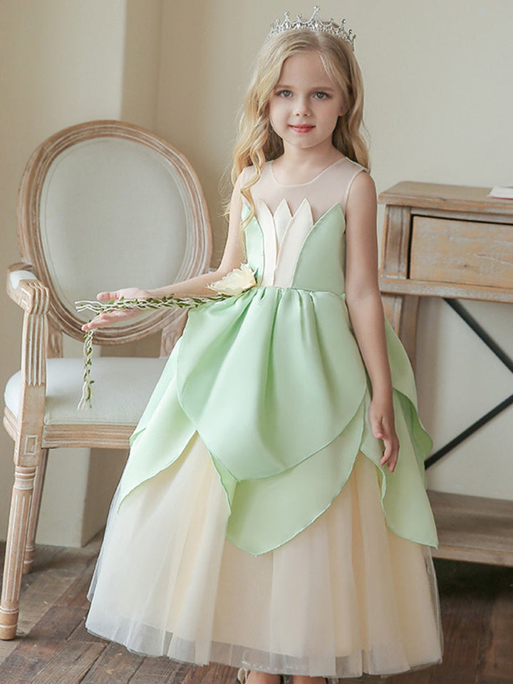 Robe de Bal à Encolure Dégagée Sans Manches avec Volants et Ceinture Fleurie pour Fille de Fleur