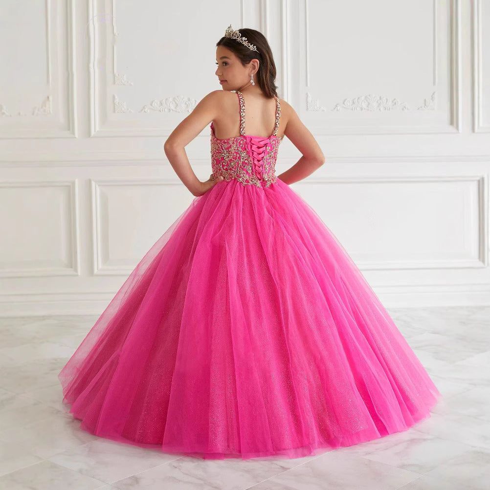 Robe de Bal Scintillante en Tulle à Col Licou et Longueur Au Sol avec Appliques en Dentelle