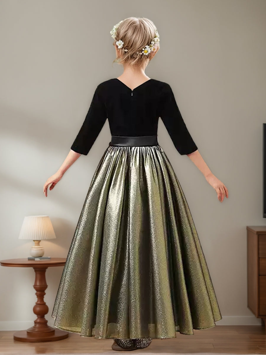 Robe de Demoiselle D'Honneur en Velours à Col Rond et Longueur Cheville, Coupe A-Line/Princesse, avec Volants et Nœud