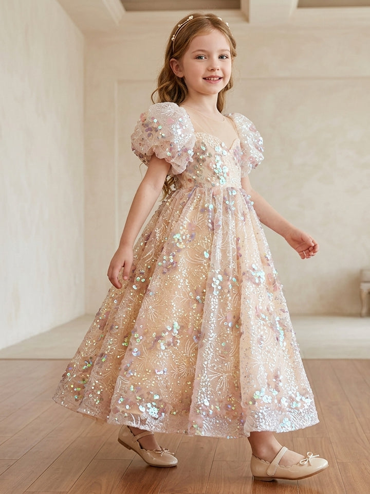Robe demoiselle d’honneur ligne A col rond, sequins, manches bouffantes, longueur cheville