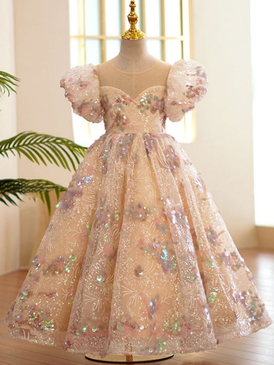 Robe demoiselle d’honneur ligne A col rond, sequins, manches bouffantes, longueur cheville