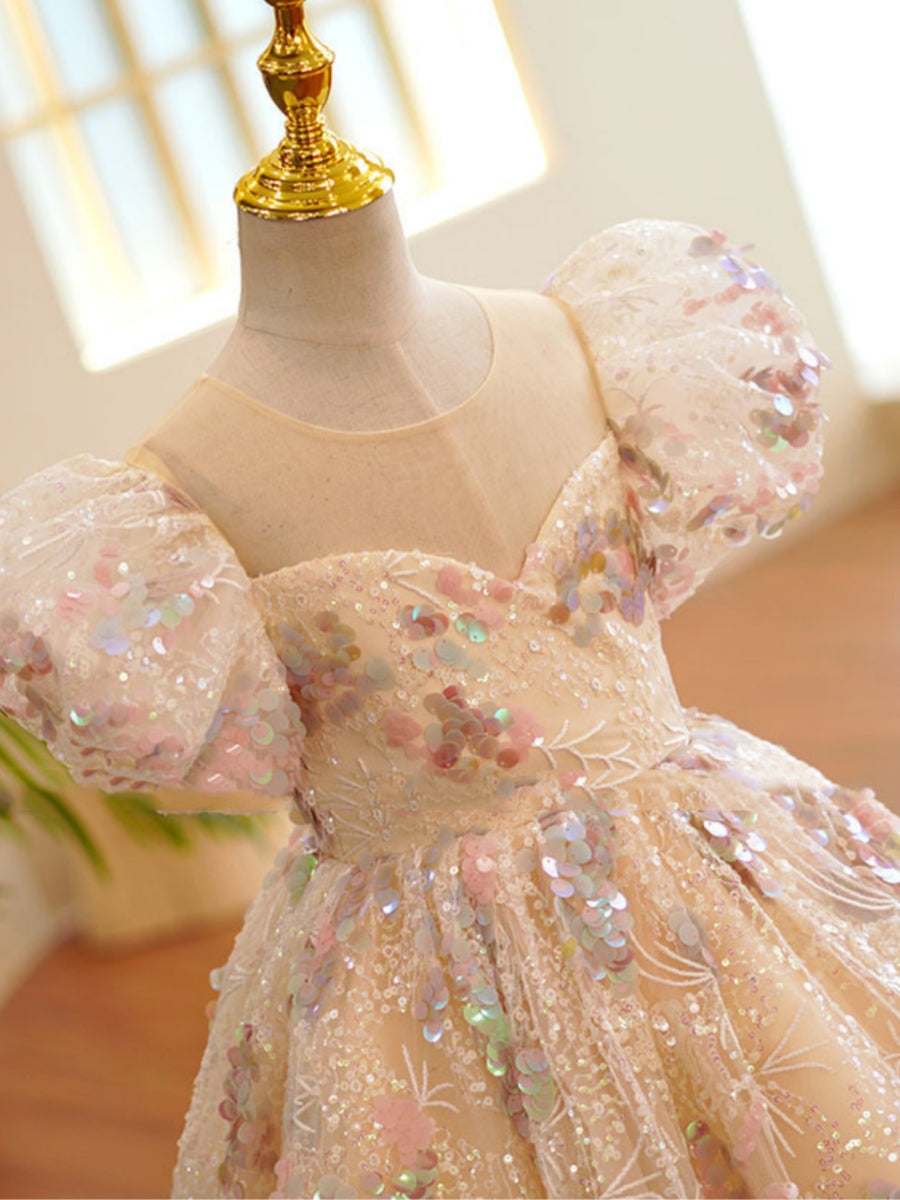 Robe demoiselle d’honneur ligne A col rond, sequins, manches bouffantes, longueur cheville