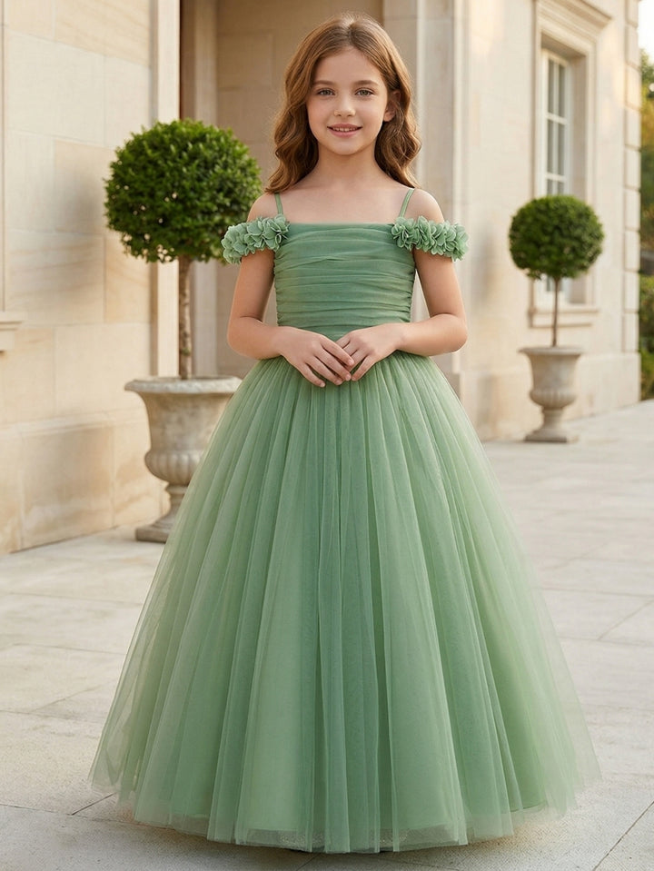 Robe demoiselle d’honneur ligne A tulle manches tombantes, sans manches, longueur cheville, drapé