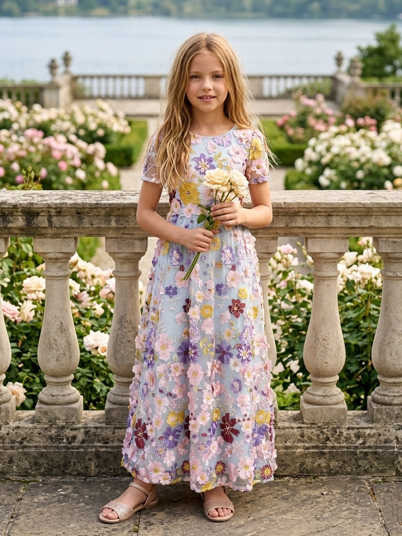 Robe pour Fille de Fleur, Ligne A/Princesse, Col Rond, Longueur de la Cheville, Manches Courtes, 3D Fleurs