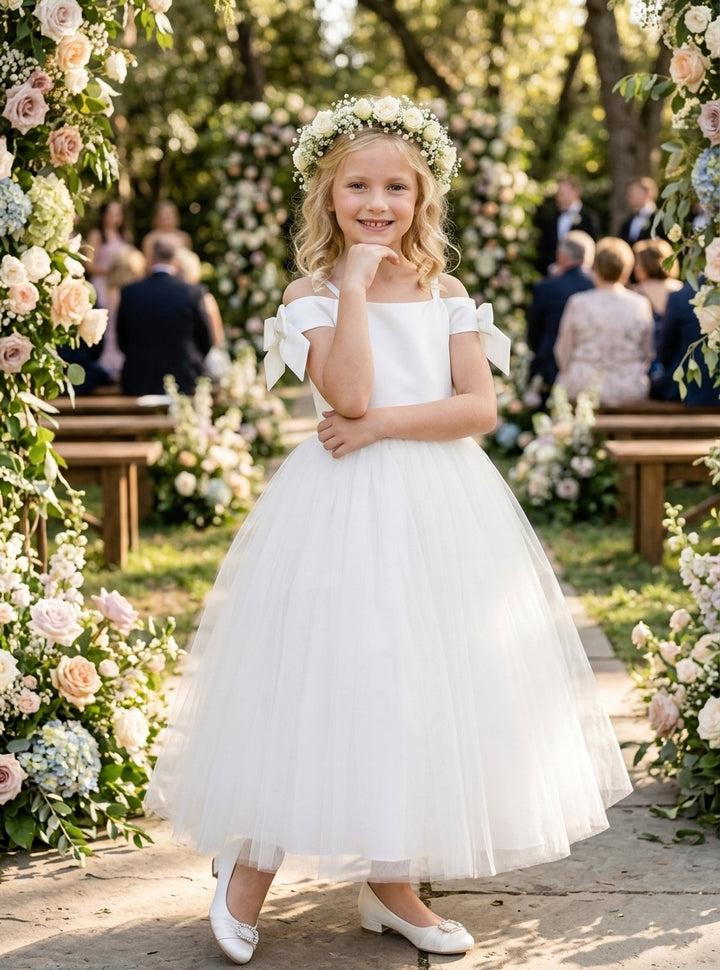 Robe pour Fille de Fleur, Ligne A/Princesse, Hors de l'épaule, Longueur de la Cheville, Sans Manches, Nœud Papillon