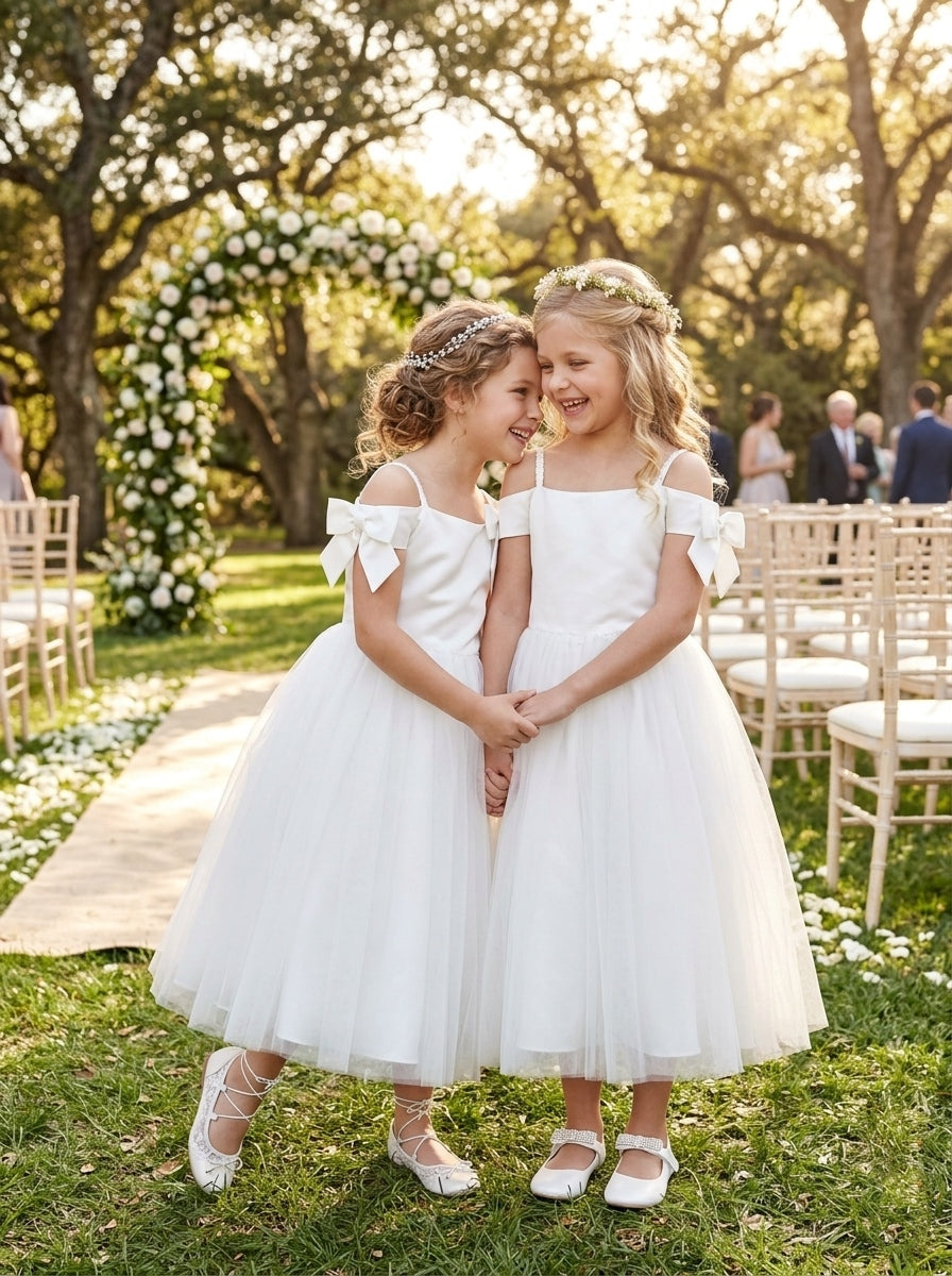 Robe pour Fille de Fleur, Ligne A/Princesse, Hors de l'épaule, Longueur de la Cheville, Sans Manches, Nœud Papillon
