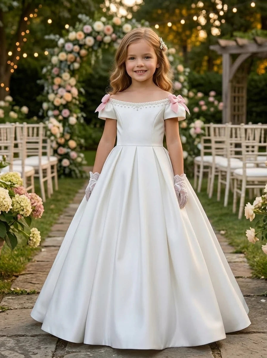 Robe pour Fille de Fleur, Ligne A/Princesse, Hors de l'épaule, Longueur du Sol, Sans Manches, Nœud Papillon