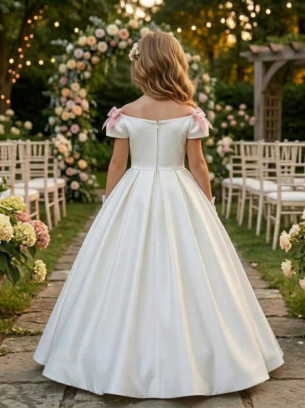 Robe pour Fille de Fleur, Ligne A/Princesse, Hors de l'épaule, Longueur du Sol, Sans Manches, Nœud Papillon