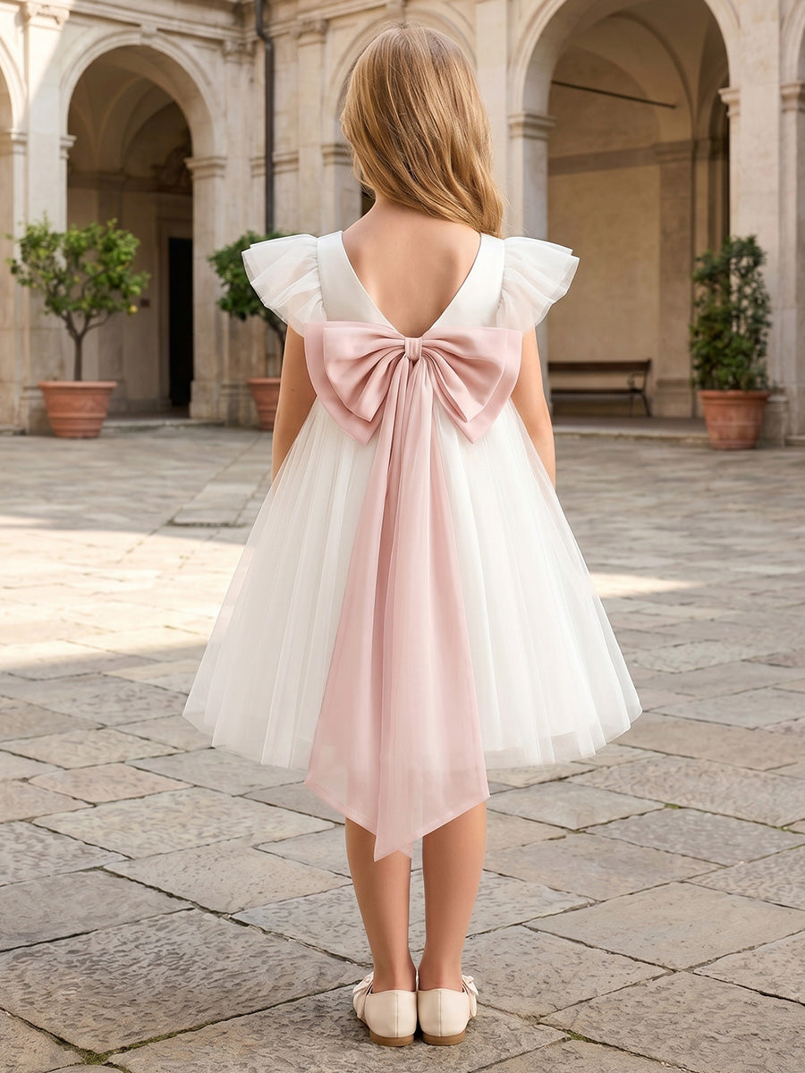 Robe de Bal en Tulle à Col Rond Manches Courtes Au Genou avec Nœud Papillon