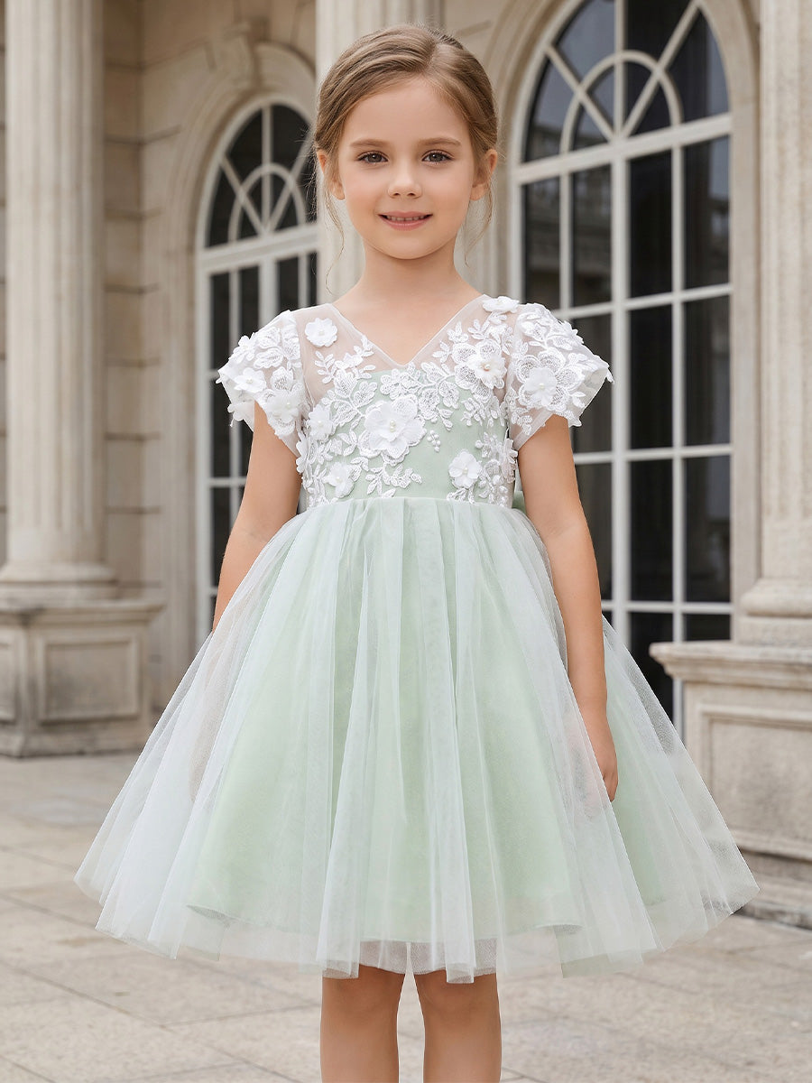 Robe de Bal en Tulle à Col en V Manches Courtes Au Genou avec Fleurs 3D et Nœud Papillon