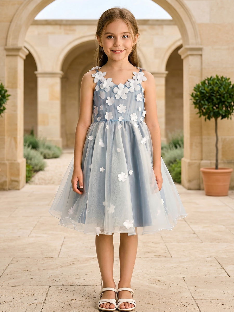 Robe de Bal en Tulle à Col V Sans Manches Longueur Genou avec Nœud Papillon et Fleurs 3D pour Filles