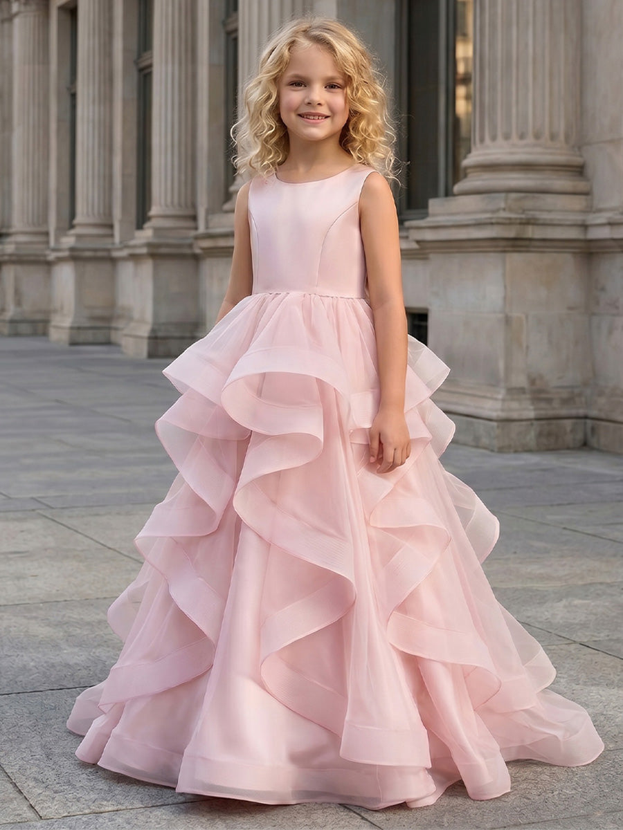 Robe de Bal en Tulle et Satin à Col Rond Sans Manches Longueur au Sol avec Nœud Papillon à Volants pour Filles