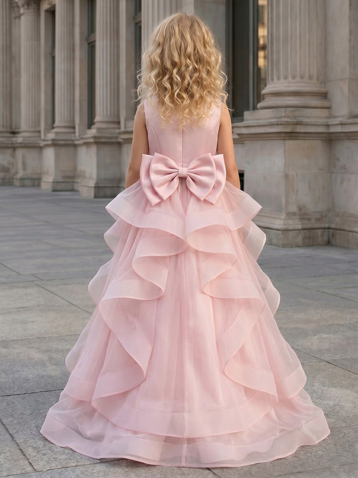 Robe de Bal en Tulle et Satin à Col Rond Sans Manches Longueur au Sol avec Nœud Papillon à Volants pour Filles