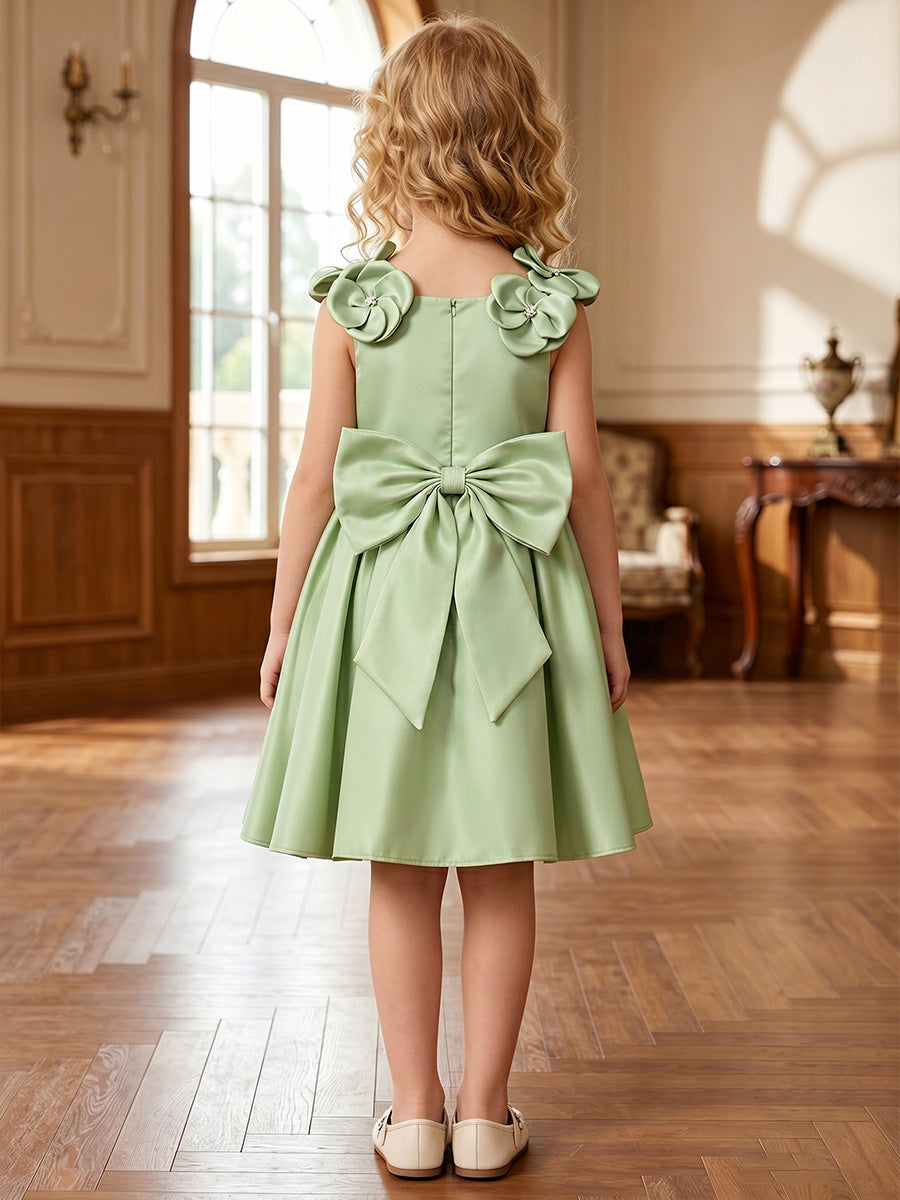 Robe de Bal en Satin à Col Rond ans Manches Longueur Genou avec Nœud Papillon et Fleurs 3D pour Filles
