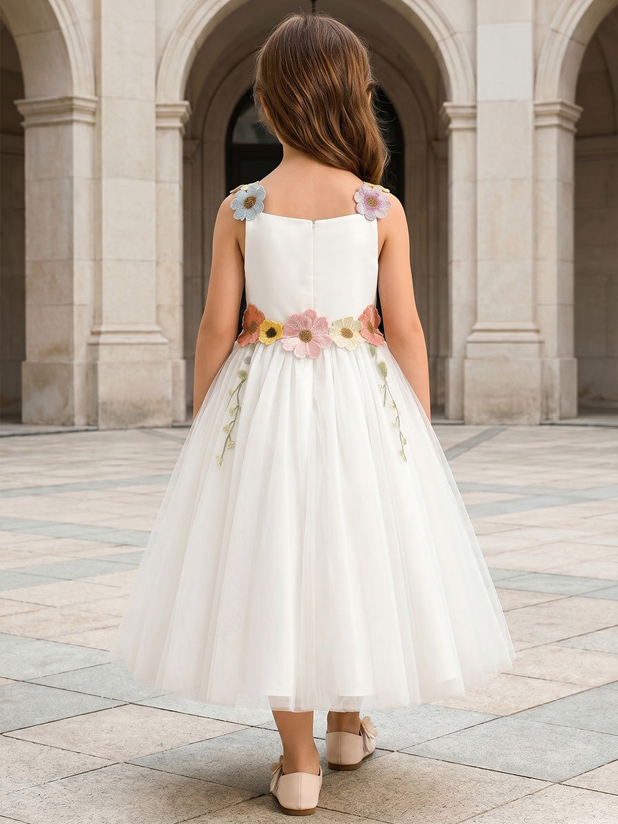 Robe de Bal en Tulle et Satin à Col Rond Sans Manches Longueur Midi avec Fleurs 3D