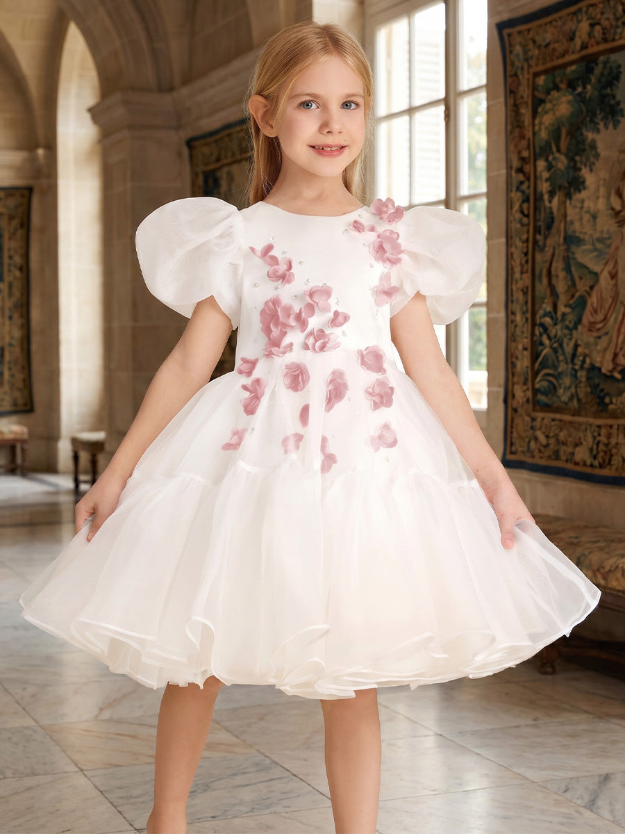 Robe de Bal en Satin et Tulle à Col Rond Manches Bouffantes Longueur Genou avec Fleurs 3D