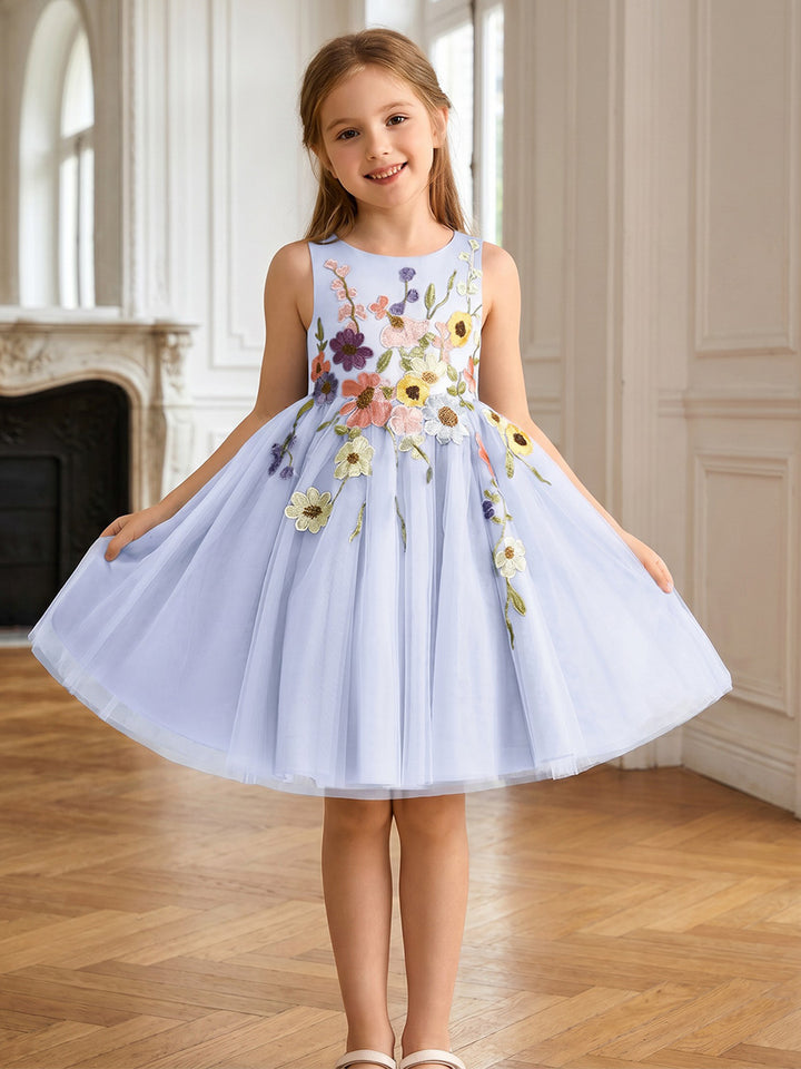 Robe de Bal en Tulle et Satin à Col Rond Sans Manches Longueur Genou avec Fleurs 3D pour Filles